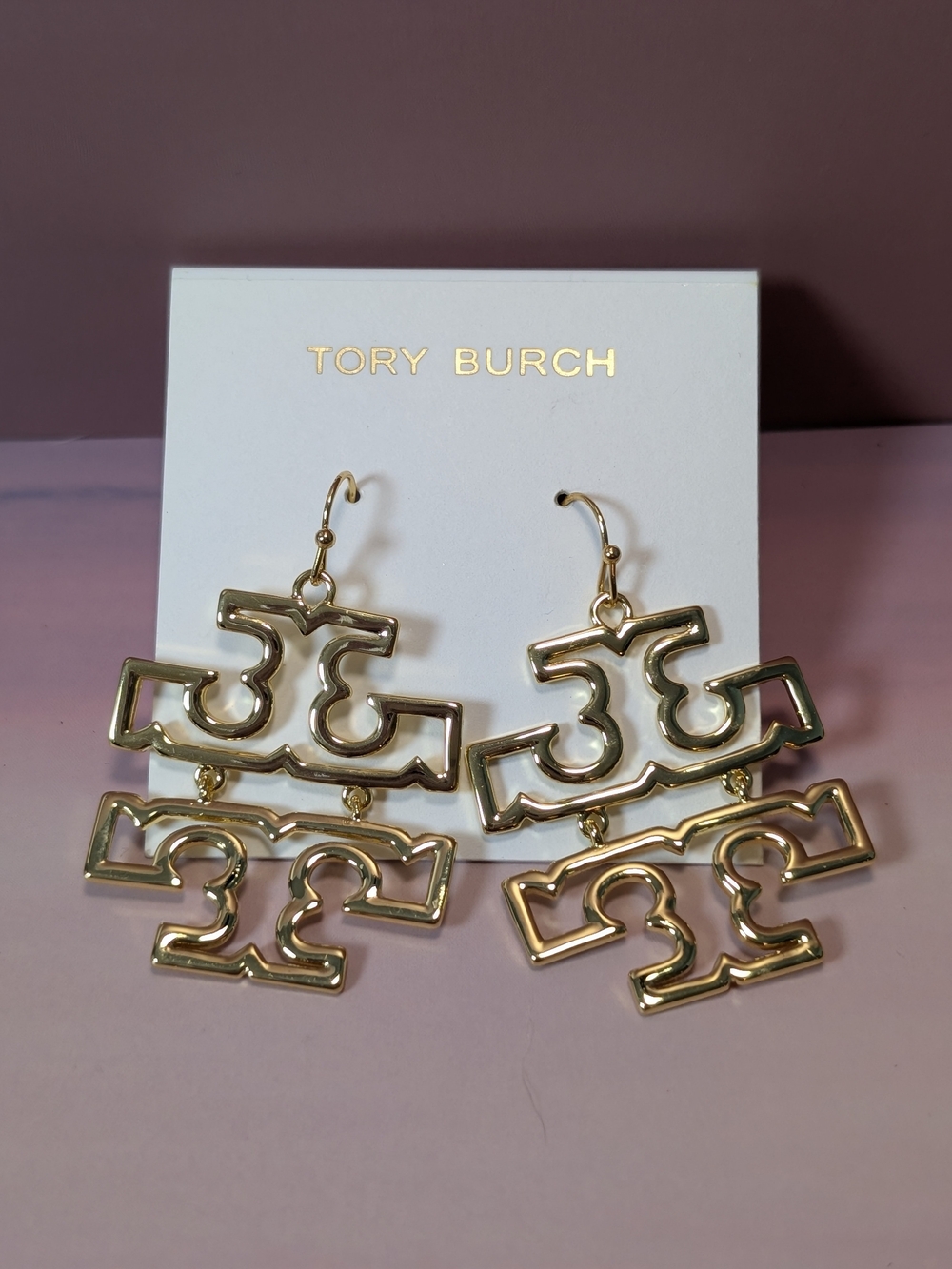 Tory Burch Shiny Gold Double-Logo Dangle Earrings #307